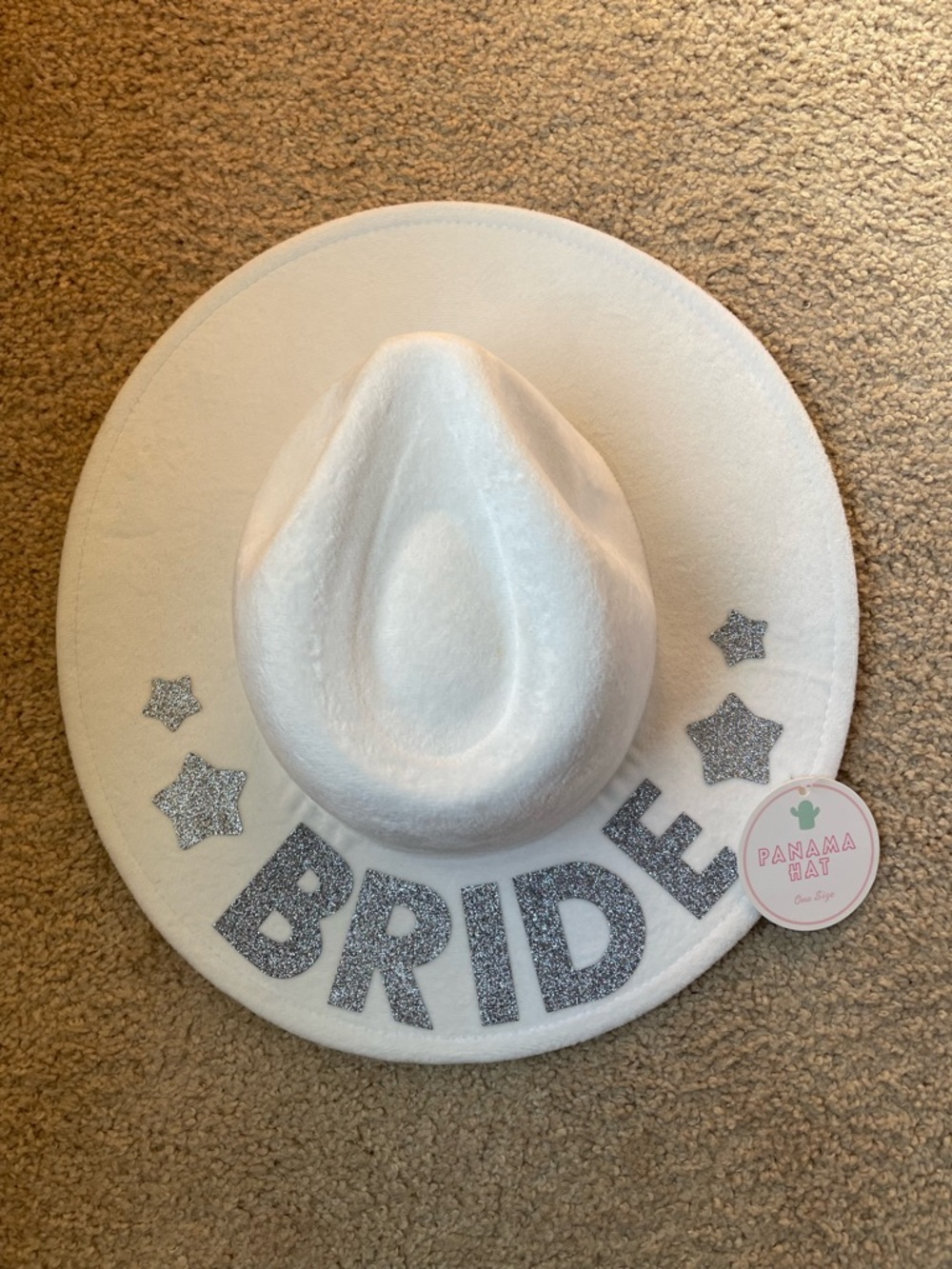 NWT White Bride Panama Hat with Silver Glitter Letters